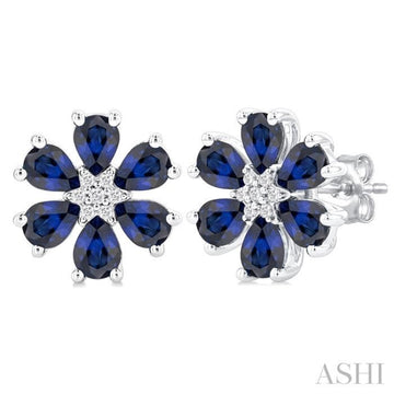 4X3 MM Floral Blossom Pear Cut Sapphire and 1/20 Ctw Round Cut Diamond Precious Stud Earring in 14K White Gold